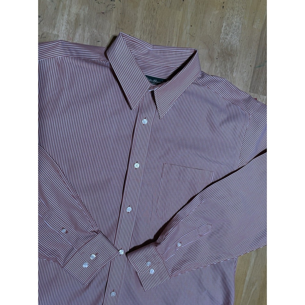 Eddie Bauer Shirt Mens L Red‎ White Stripe Cotton Relaxed Fit Wrinkle Resistant